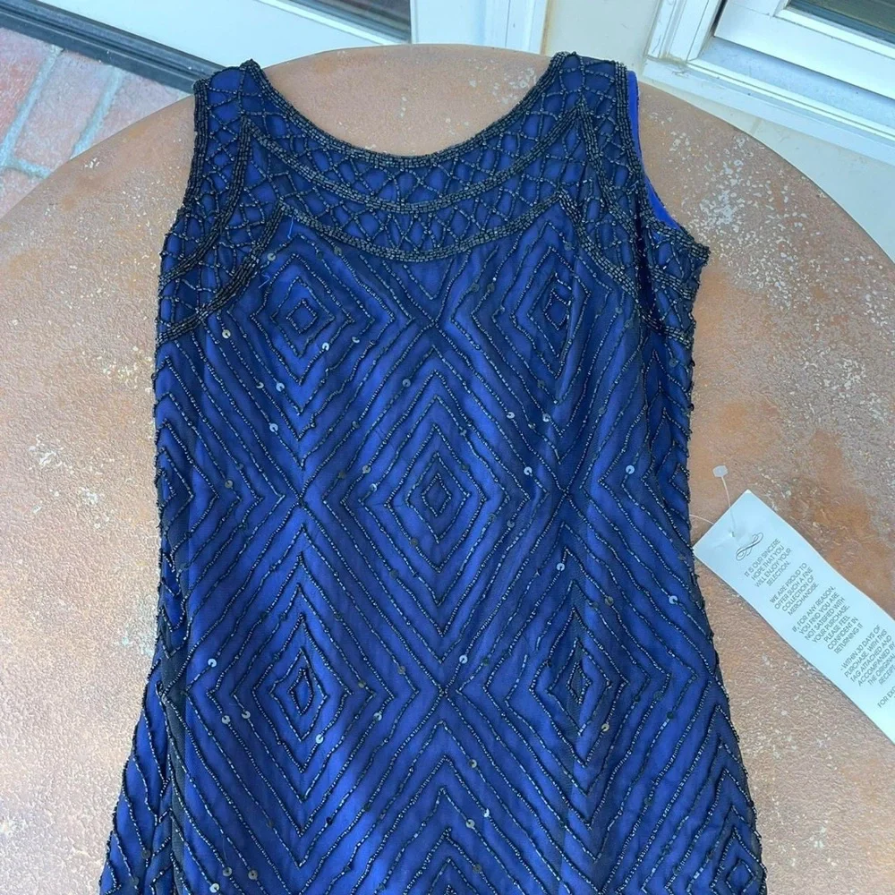 NWT Vintage Laurence Kazar Navy blue beaded sequins dress sz s